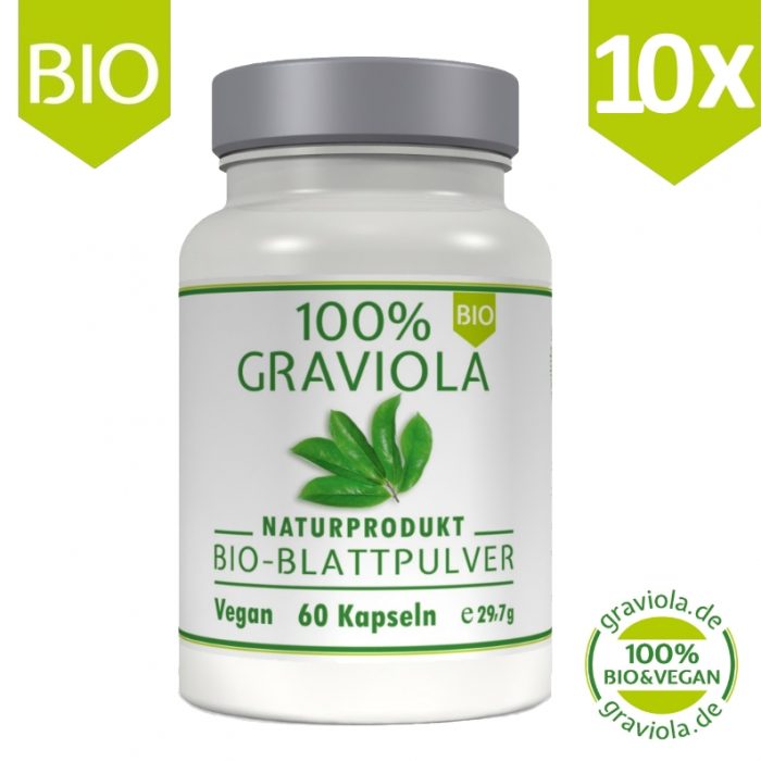 10 x 100% GUANÁBANA. Cápsulas de polvo de hojas – orgánicas y vegano.