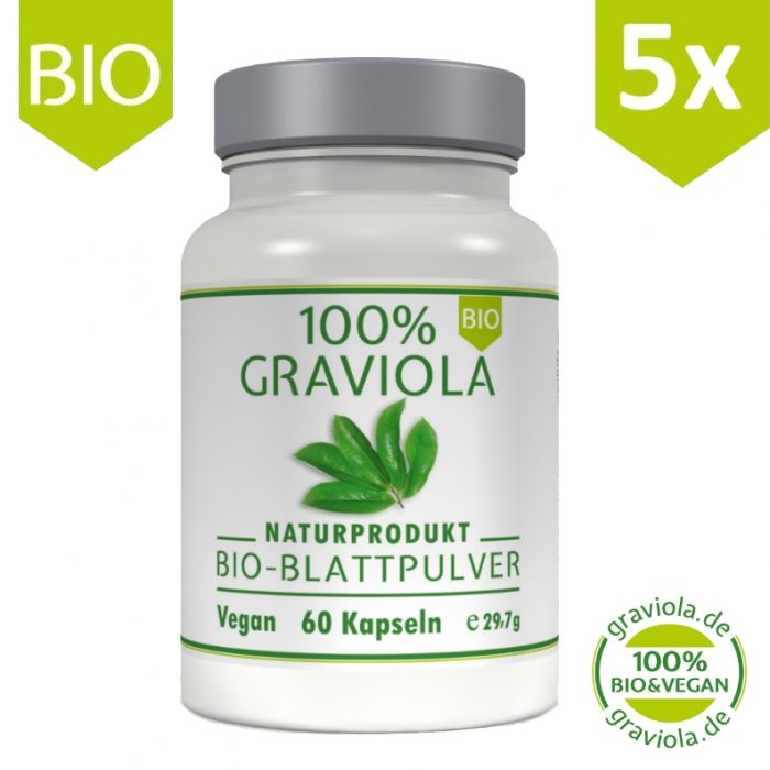 5 x 100% GRAVIOLA CAPSULE con polvere di foglie. Bio & Vegano.