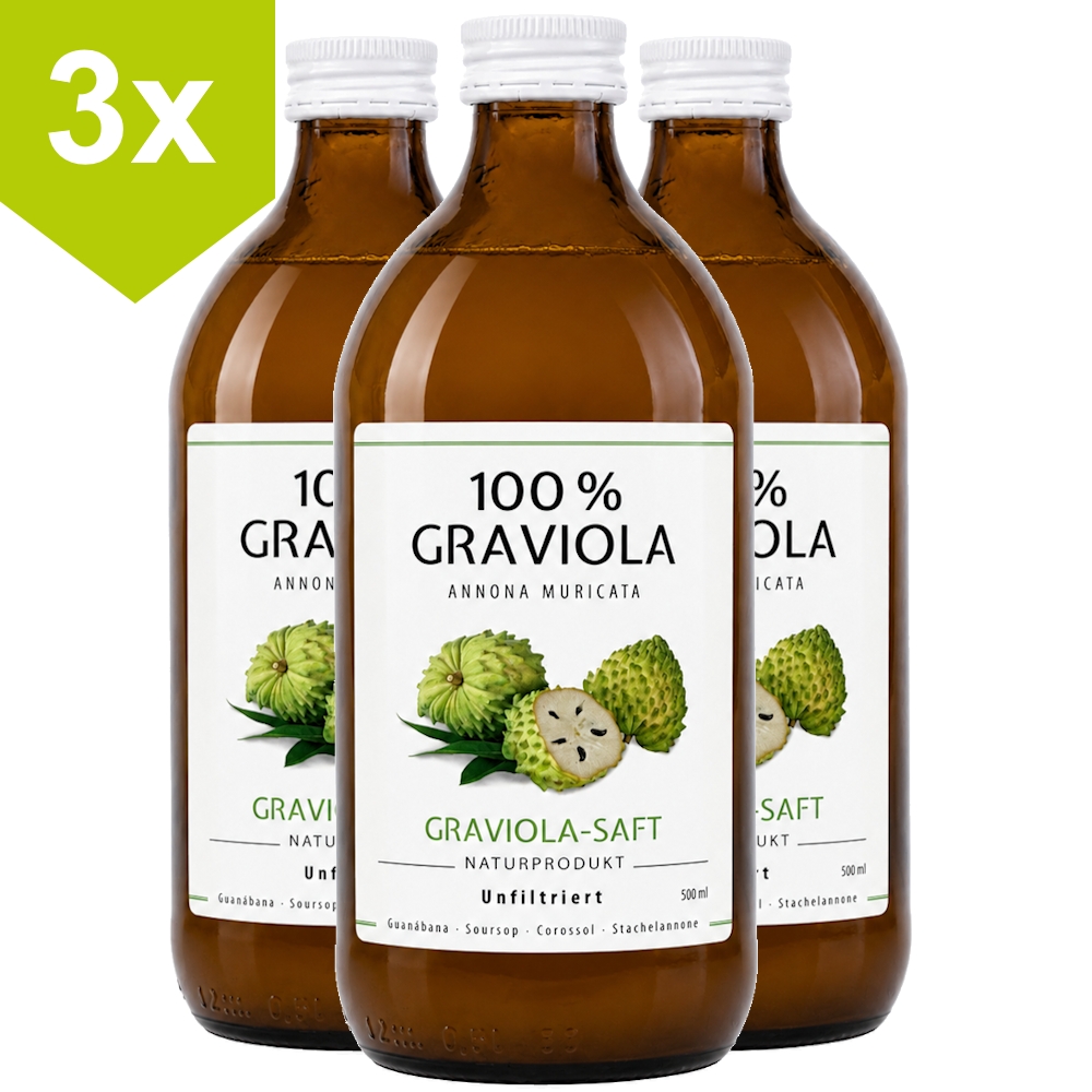 3 x 100% GRAVIOLA-FRUCHTSAFT unfiltriert.